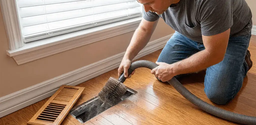 Air duct cleaning technician vacuuming a floor vent and duct opening in Austin, TX