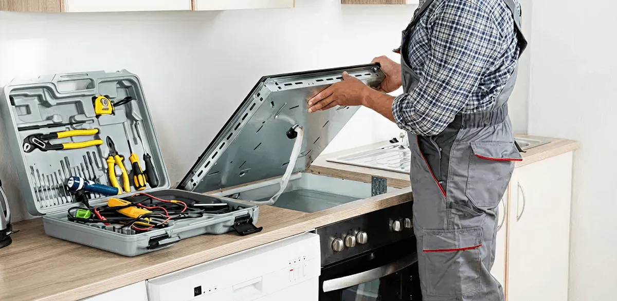 Handyman repairing a cooktop and checking wiring connections in Austin, TX