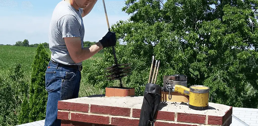 Chimney cleaning technician working on a rooftop chimney with professional tools in Austin, TX