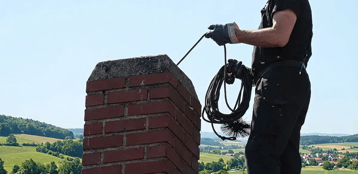 Chimney sweep inspecting and cleaning a rooftop chimney in Austin, TX