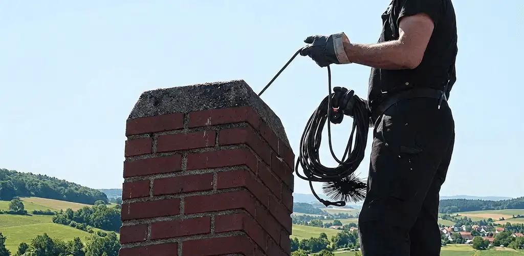 Chimney sweep inspecting and cleaning a rooftop chimney in Austin, TX