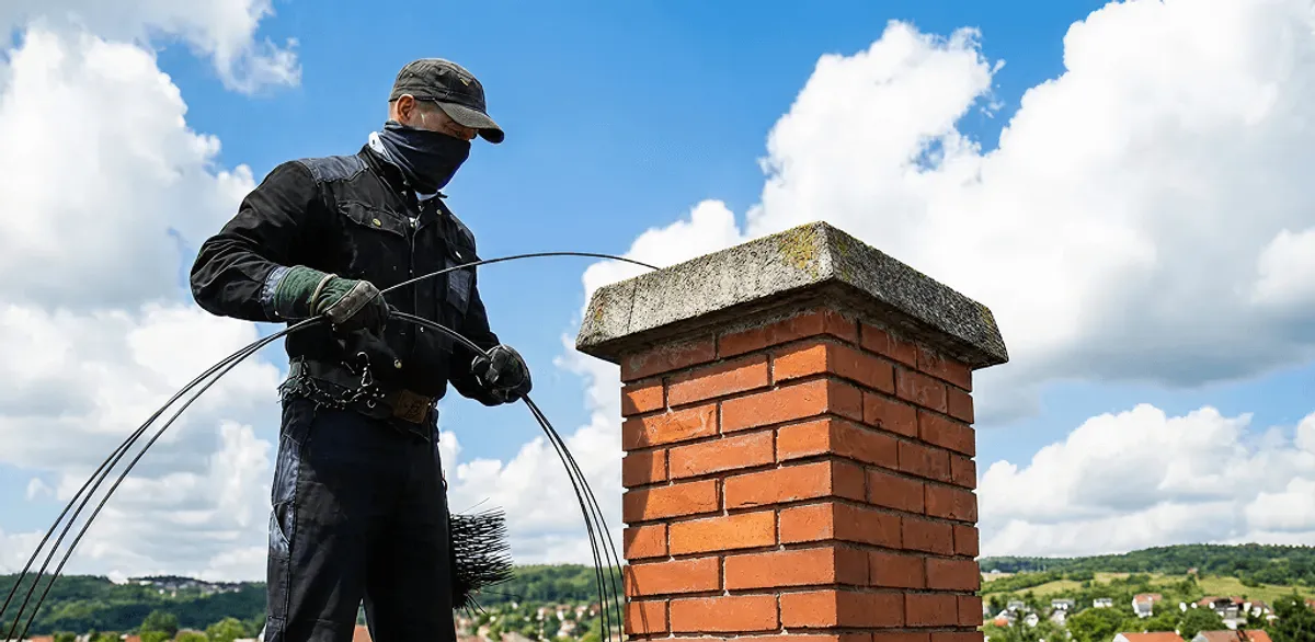 Chimney sweep cleaning a brick chimney with professional tools in Austin, TX