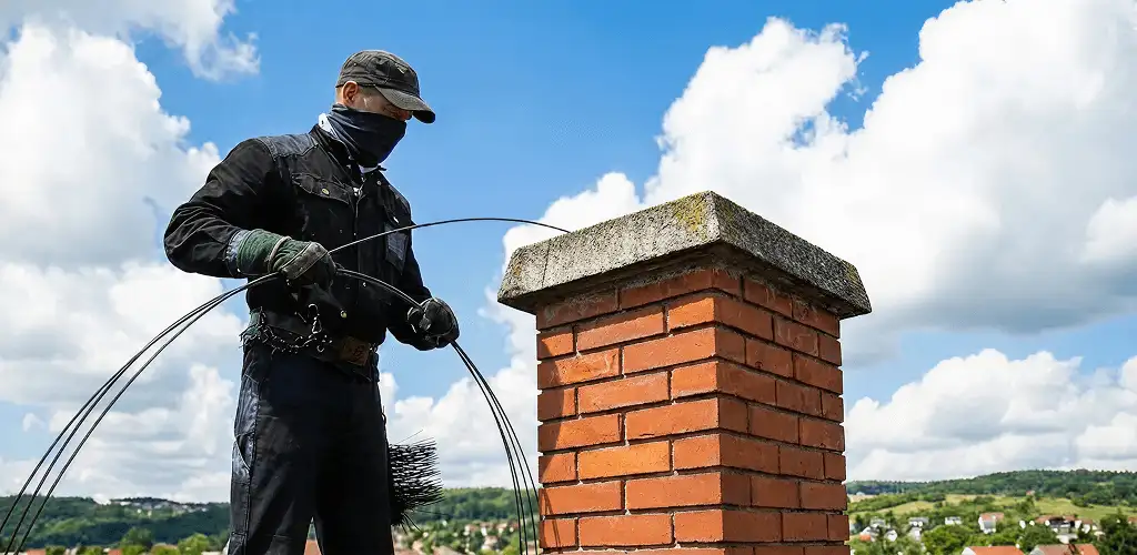 Chimney sweep cleaning a brick chimney with professional tools in Austin, TX