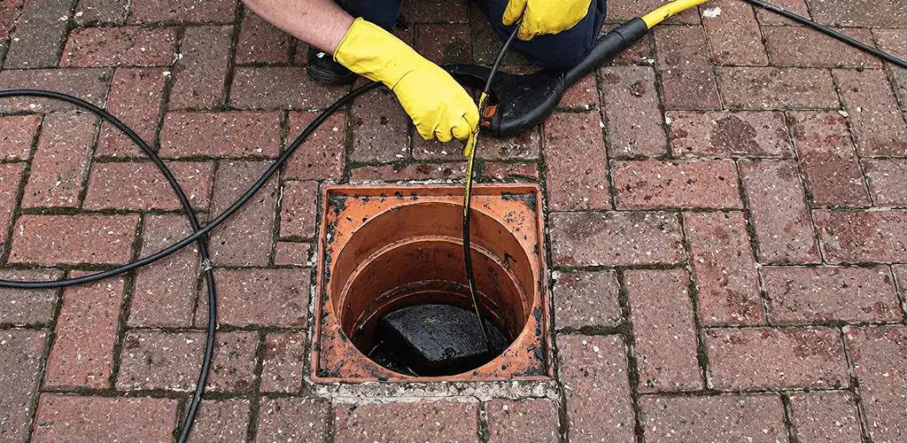 Drain cleaning technician using a drain snake to clear a clogged drain in Austin, TX