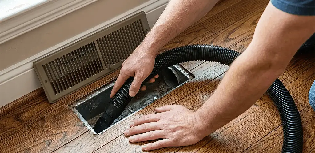 Air duct cleaning technician vacuuming a floor register and duct opening in Austin, TX