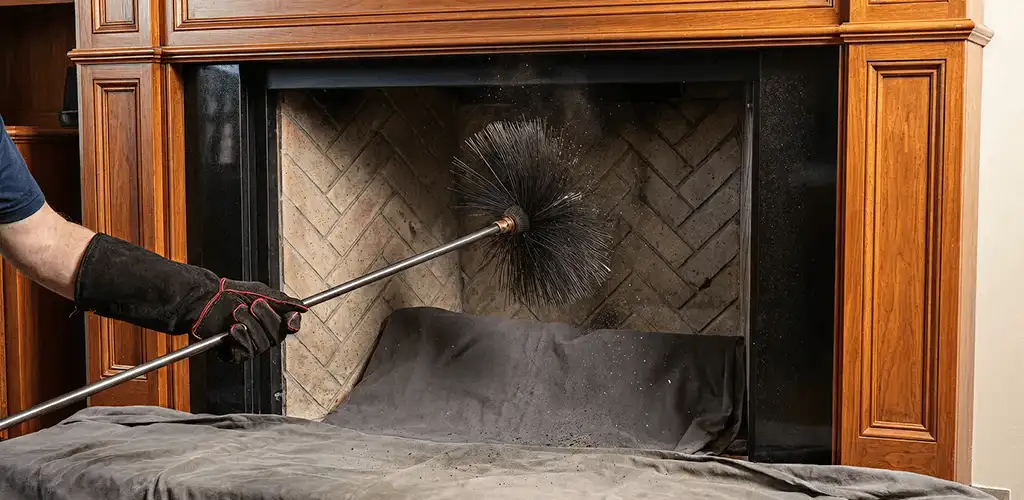 Chimney cleaning service brushing soot from a fireplace and flue in Austin, TX