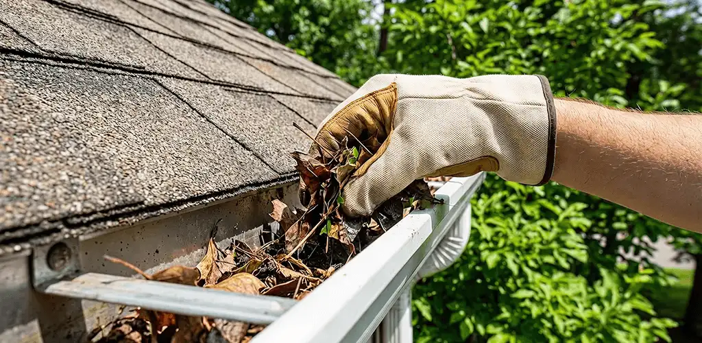 Gutter cleaning removing leaves and debris from roof gutters in Austin, TX