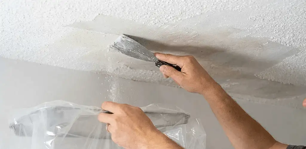Popcorn ceiling removal technician scraping texture from a ceiling in Austin, TX