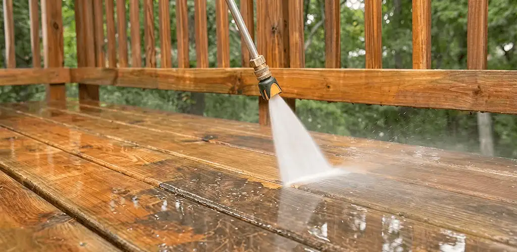 Pressure washing a wood deck to remove dirt and buildup in Austin, TX