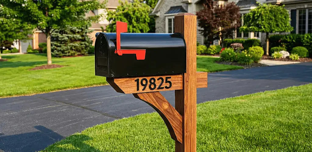 New mailbox installation with post and address number for a home in Austin, TX