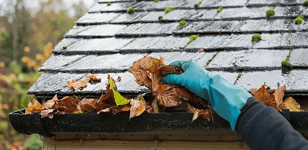 Gutter cleaning technician clearing wet leaves from roof gutters in Austin, TX