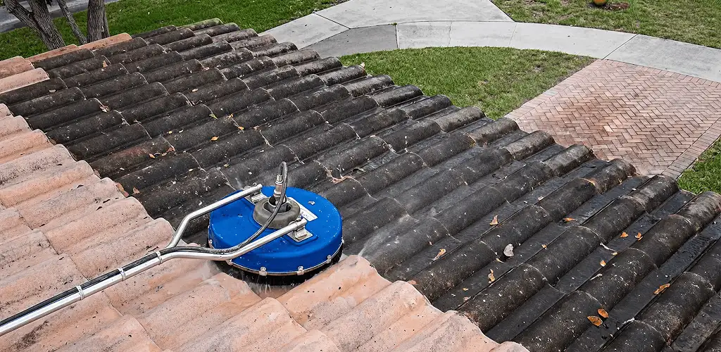 Roof pressure cleaning removing debris and buildup from roof tiles in Austin, TX