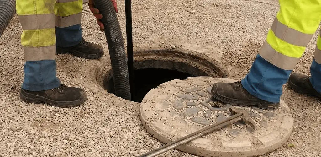 Drain cleaning crew clearing a sewer access point with professional equipment in Austin, TX