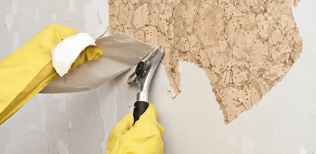 Wallpaper removal service stripping old wallpaper from a wall in Austin, TX