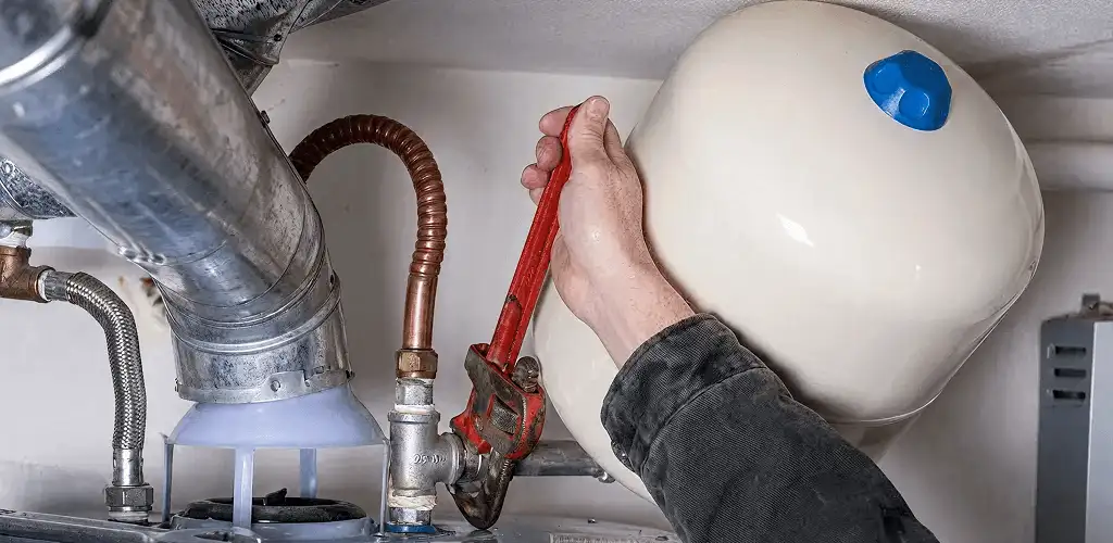 Water heater repair technician tightening plumbing connections near a tank unit in Austin, TX